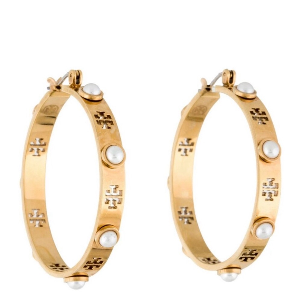NWOT Tory Burch Gold and Pearl Hoop logo Earrings